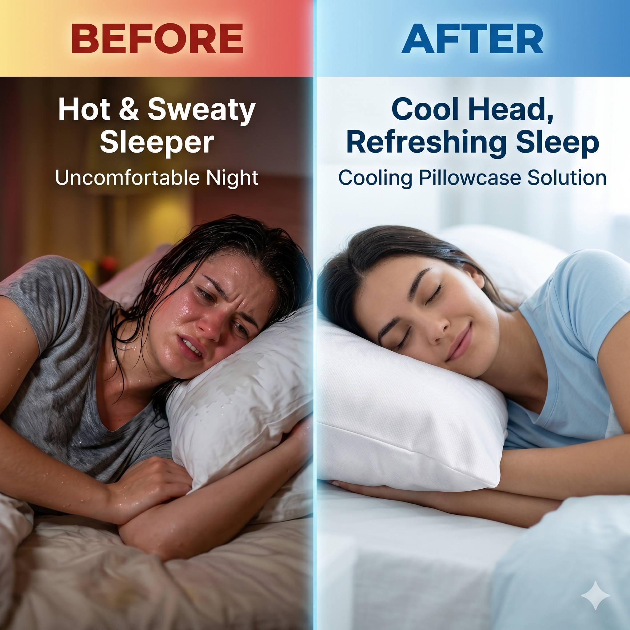 Before: Hot sweaty sleeper. After: Cool refreshing sleep on Miracle pillowcase.